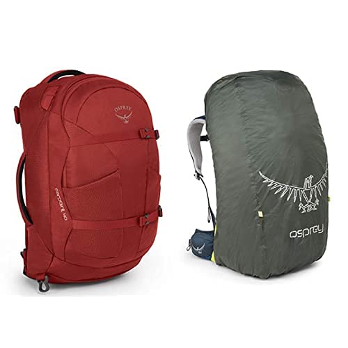 Osprey Farpoint 40 Men'S Travel Pack - Jasper Red (M/L) + Ultralight Raincover For 30 - 50L Packs (M)