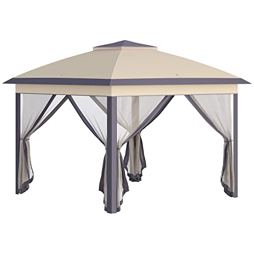 Outsunny Carpa Plegable Exterior 3,3x3,3x2,88 m Altura Ajustable Cenador de Jardín con Doble Techo 4 Mosquiteras Extraíbles y Bolsa de Transporte para Camping Fiestas Beige