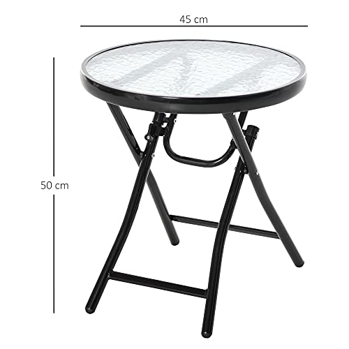 Outsunny Mesa de Vidrio Redonda Plegable Mesa de Jardín con Hebilla de Seguridad Borde Cubierto de Metal Patio Interior y Exterior Ø45x50 cm Negro