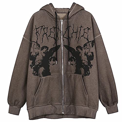 Oversized Drawstring Sweatshirt for Women Long Sleeve Zip Up Cardigan Y2k E-Girl Hoodies Pullover Jacket with Pockets (Coffee, Medium)