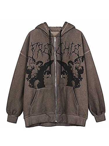 Oversized Drawstring Sweatshirt for Women Long Sleeve Zip Up Cardigan Y2k E-Girl Hoodies Pullover Jacket with Pockets (Coffee, Medium)