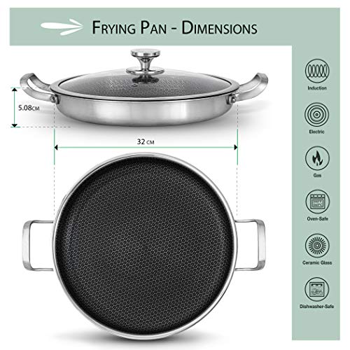 Paellera o sartén con tapa para horno - menaje de cocina, hogar - para asar, asar, asar - sartén de aluminio de acero inoxidable de 32 cm