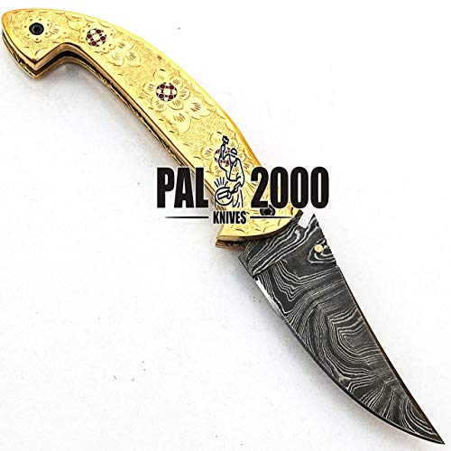 PAL 2000 Cuchillo Plegable, Navaja de Bolsillo, Cuchillo Hecho a Mano Personalizado, Cuchillo de Acero de Hoja de Damasco, con Funda de Cuero, Cuchillo Hecho a Mano, Cuchillo Forjado a Mano 9595