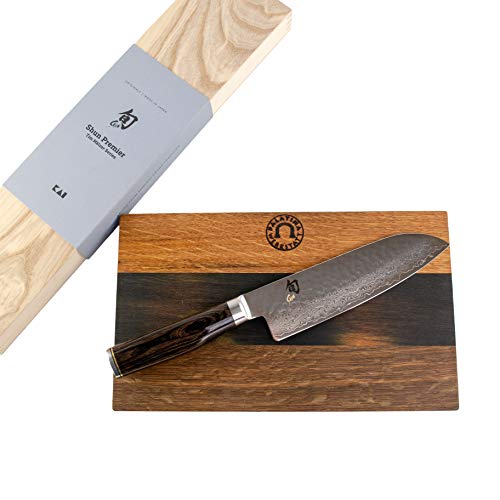 Palatina Werkstatt ® Kai Shun Premier Tim Mälzer | TDM-1702 | Santoku | hoja de 18 cm de acero de Damasco de 32 capas | + tabla de cortar hecha a mano de roble envejecido, 30 x 18 cm