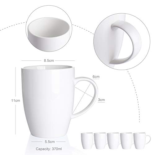 Panbado 6 x Tazas de Café/Té de Porcelana Blanca Juego de Tazas de Porcelana, 370 ml (12.5 * 8.6 * 11 cm), Tazas Mugs de Agua/Leche para Hogar, Oficina, Fiesta, Regalo para Cumpleaños, Festival