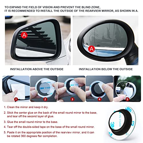 Paquete de 2 espejos de punto ciego para autos Impermeable 360 ° Giratorio Oscilación Ajustable HD Convexo Espejo retrovisor para autos universales Espejo convexo Maximizar