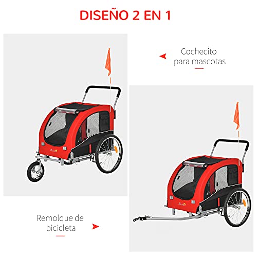 Pawhut Remolque de Bicicleta Perros Plegable Carrito de Transporte para Mascotas con 1 Bandera 4 Reflectores Enganche y Cubierta de Lluvia Tela Oxford 162x74x85 cm Rojo