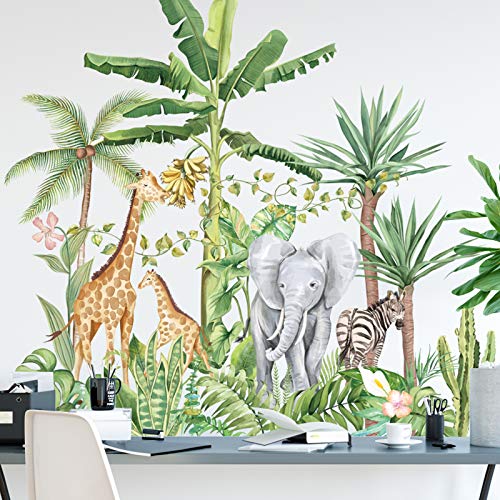 Pegatinas de Pared Plantas Tropicales Animales Papel Pintado, Extraíble Hojas Verde Vinilos Decorativos, Arte de Bricolaje Hogar Pegatina Mural para baño Guardería Dormitorio Sala de Estar (A)