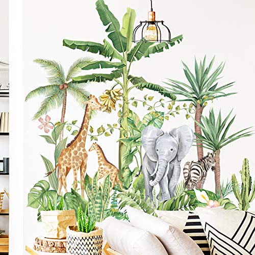 Pegatinas de Pared Plantas Tropicales Animales Papel Pintado, Extraíble Hojas Verde Vinilos Decorativos, Arte de Bricolaje Hogar Pegatina Mural para baño Guardería Dormitorio Sala de Estar (A)