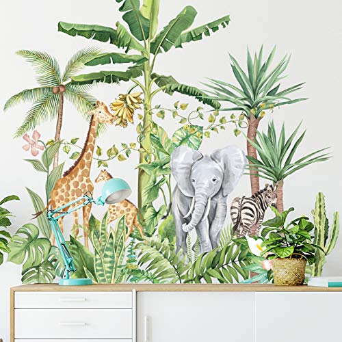 Pegatinas de Pared Plantas Tropicales Animales Papel Pintado, Extraíble Hojas Verde Vinilos Decorativos, Arte de Bricolaje Hogar Pegatina Mural para baño Guardería Dormitorio Sala de Estar (A)