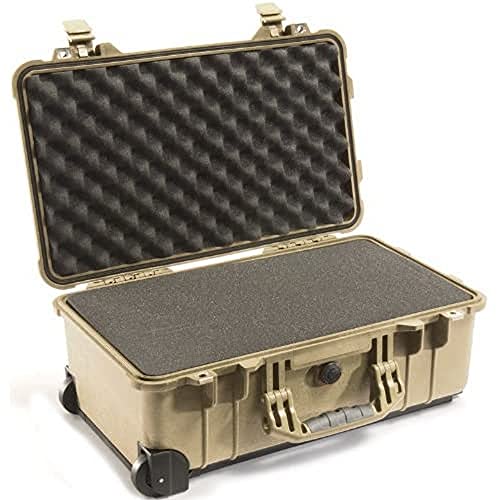 PELI 1510 Maleta de cabina resistente y estanca con ruedas y asa telescópica, IP67 estanca e impermeable al polvo, 27L de capacidad, fabricada en Alemania, con espuma personalizable, Beige