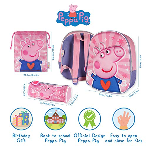 Peppa Pig Mochila Infantil 3D, Estuche Escolar y Bolsa Merienda de Cuerdas Pack Mochilas Escolares para Niñas y Niños a partir de 3 Años | Material Escolar Vuelta al Cole