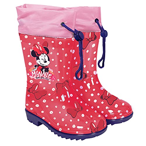 PERLETTI Botas de Agua Niña Minnie Mouse con Lunares - Calzados de Lluvia Niñas Disney Minni con Suela Antideslizante - Botas Impermeables Rojos Cierre con Cordón Material PVC (Rojo, Numeric_26)