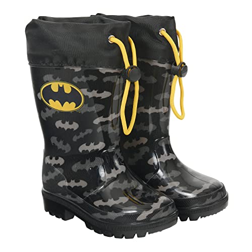 PERLETTI Botas de Agua Niño Impermeables Batman - Botines de Lluvia Color Nero y Gris con Murciélagos - Zapatos para Pequeños a Prueba de Agua Material PVC y Suela Antideslizante (Negro, 28/29 EU)