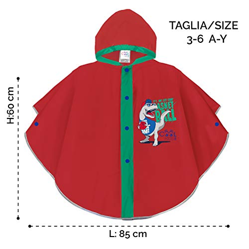 PERLETTI Poncho Impermeable Rojo con Dinosaurio Baloncesto - Chubasquero de Lluvia con Detalles Reflectantes para Niño - Chaqueta Antiviento con Capucha y Botones - Material EVA (Rojo, 3/6 Años)