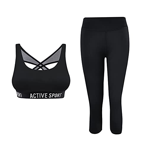 PF Conjunto de ropa deportiva para mujer Conjunto de gimnasio de 2 piezas Sujetador deportivo acolchado y leggings de 3/4 con bolsillos Ropa de gimnasia elástica Diseño italiano (9672-Black, L-XL)