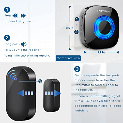 PHYSEN Timbre de Puerta Inalámbrico Sensor de Puerta Ventana de Alarma Puerta Kit de Alerta de Timbre de Puerta Abierta con Rango de 600 Pies, 5 Niveles de Volumen, 58 Melodías