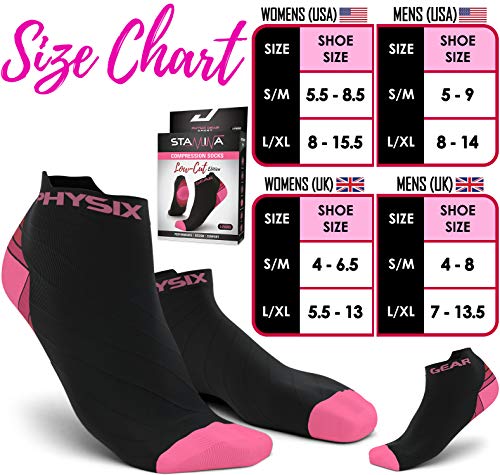 Physix Gear Sport Calcetines running hombres y mujeres, los mejores calcetines de compresión, calcetines tobilleros para la fascitis plantar hombre y mujer, 2 pares, S/M rosa/negro