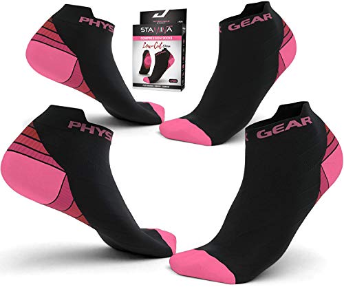 Physix Gear Sport Calcetines running hombres y mujeres, los mejores calcetines de compresión, calcetines tobilleros para la fascitis plantar hombre y mujer, 2 pares, S/M rosa/negro