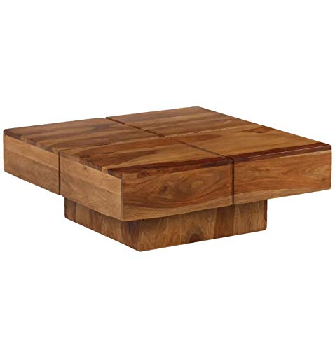 Pissente Mesa de Centro Industrial Cuadrada, Mesa de Café de Madera Maciza de Sheesham para Salón, 80 x 80 x 30 cm