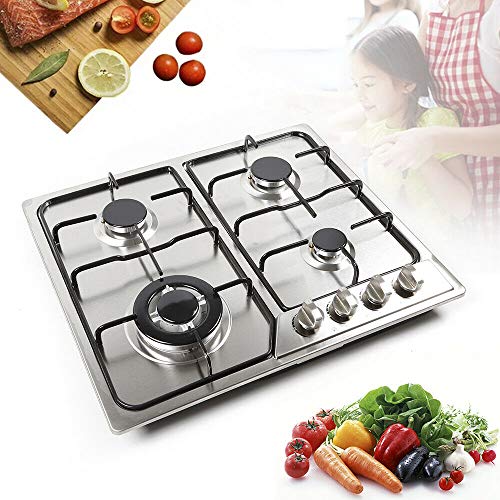 Placa de cocina de gas de 4 fuegos, acero inoxidable, gas natural / butano, soporte para ollas de hierro fundido, hornillo de gas, hornillo de gas, estufa empotrable, plateado, 550 x 470 mm