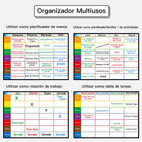 Planificador Semanal Tablero del Frigorífico (42x30cm) con 4 Colores Pluma para Pizarra- Pizarra Magnética en Español Utilizar como Planificador de Menús/de Actividades/Tabla de Tareas