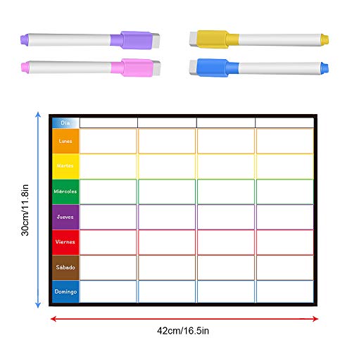 Planificador Semanal Tablero del Frigorífico (42x30cm) con 4 Colores Pluma para Pizarra- Pizarra Magnética en Español Utilizar como Planificador de Menús/de Actividades/Tabla de Tareas