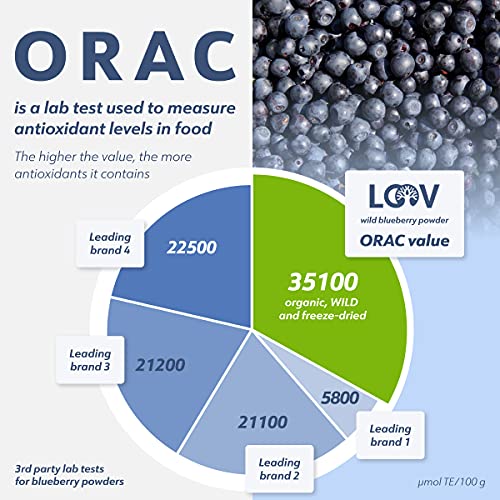 Polvo de Arándanos Silvestres Orgánicos LOOV, cosechado de forma silvestre en los bosques nórdicos, 100% fruta entera, 90 g, arándanos liofilizados y en polvo, sin azúcar añadida