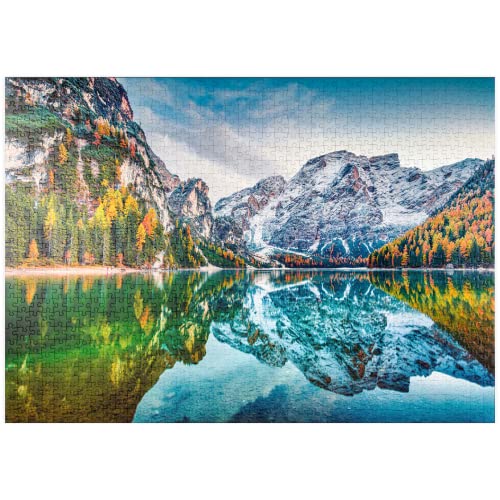 Primeras Nieves En El Lago Braies. Colorido Paisaje Otoñal En Los Alpes Italianos - Premium 500 Piezas Puzzles - Colección Especial MyPuzzle de Puzzle Galaxy