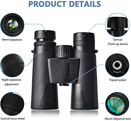 Prismáticos 10x42-Prismas BaK4 y FMC,Resistentes al Agua, ampliaciones de Alto Rendimiento,con Adaptador de Smartphone,Ideales para Observación de Aves, Caza,Senderismo,Astronomía y Camping