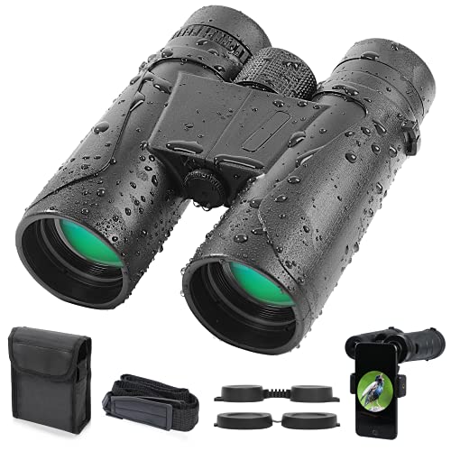 Prismáticos 12x42 HD Vision Nocturna, Binoculares Profesionales de Largo Alcance Impermeable Anti-Niebla Prisma BAK4 Lente FMC para Observación Aves Caza Viajes Conciertos con Adaptador Móvil