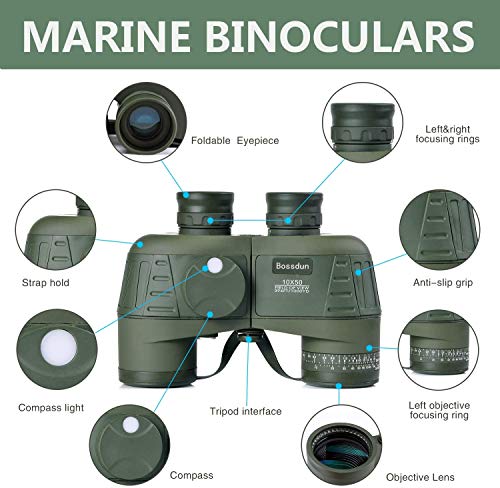 Prismáticos Militares Marinos 10x50 Impermeable Resistente a la Niebla, Lente BAK4 Prism FMC, con brújula telémetro para Distancia, Adecuado para navegación, navegación, Caza y observación de Aves