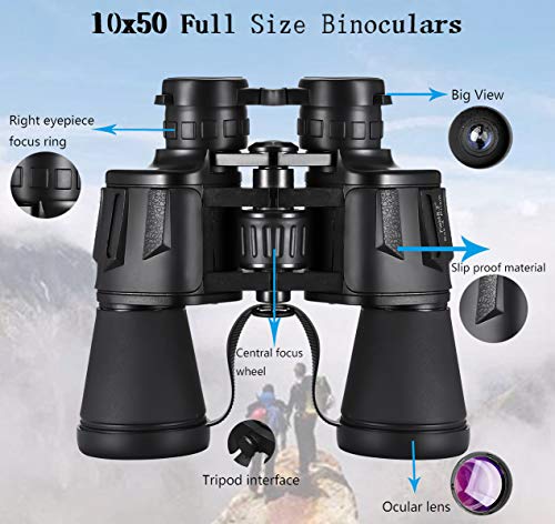 Prismaticos Profesionales 10x50–Binoculares de Largo Alcance, de Largo Alcance y Potentes para Adultos.Ideales para Evento Deportivo, Observación Animales, Astronomía y Camping. Incluye Funda,Correa