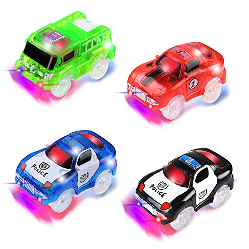 PROACC 4 Piezas Track Race Car (2 * Coche de policía, 1 * Coche de Carreras, 1 * Coche de camión de Bomberos), Circuito Coches Juguete Niño, Coches Led Accesorios de Pista para Niños 3 4 5 6 Años