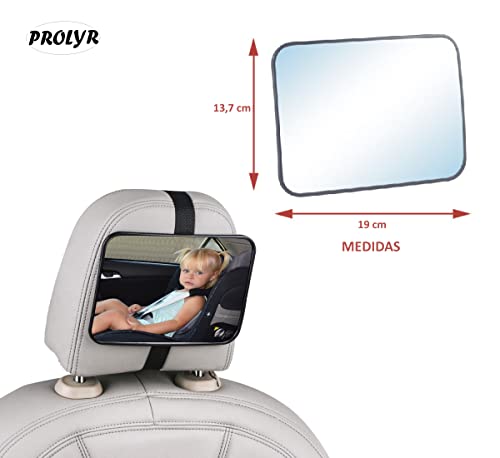 Prolyr Espejo retrovisor coche bebé - Espejo asiento trasero coche para bebé, Gran visión, Seguro, Irrompible, Fácil instalación, Universal, Nuevo diseño (Negro)