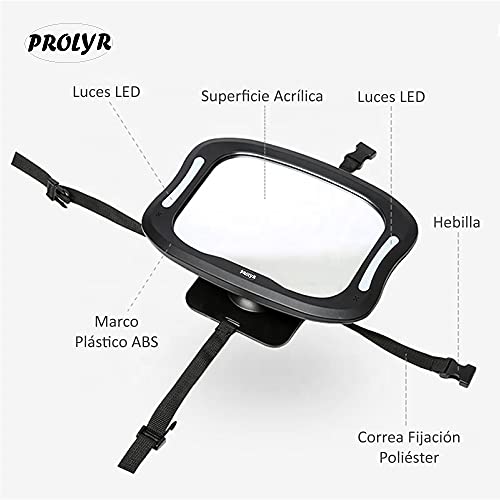 Prolyr Espejo retrovisor coche bebé LED - Espejo asiento trasero coche para bebé, Luz LED, Seguro, Irrompible, Mando a distancia, Fácil instalación, Universal, Rotación 360°, Nuevo diseño (Negro)