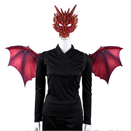 Proumhang Conjunto de Adulto Máscara de Dragón Alas Fiesta Cosplay Halloween PU No Tejido Fiesta de Carnaval Disfraz de Animal Masquerade-Rojo (95 * 45cm)