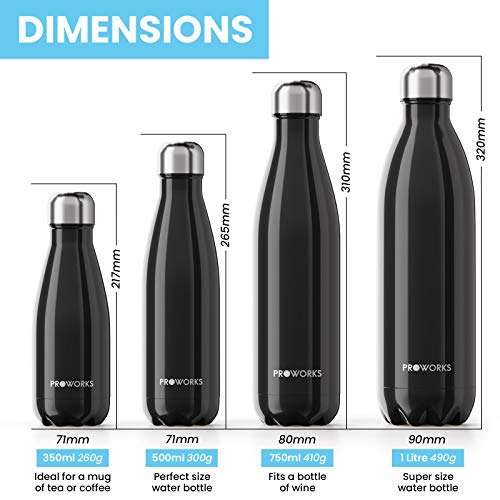 Proworks Botellas de Agua Deportiva de Acero Inoxidable | Cantimplora Termo con Doble Aislamiento para 12 Horas de Bebida Caliente y 24 Horas de Bebida Fría - Libre de BPA - 350ml – Negro