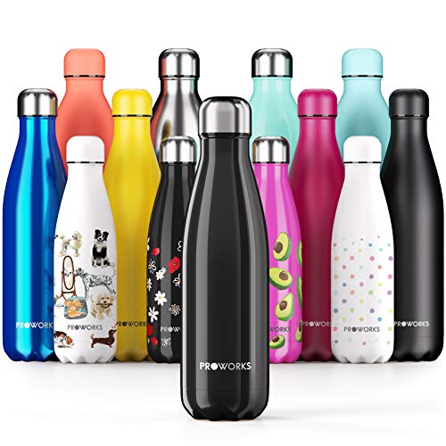 Proworks Botellas de Agua Deportiva de Acero Inoxidable | Cantimplora Termo con Doble Aislamiento para 12 Horas de Bebida Caliente y 24 Horas de Bebida Fría - Libre de BPA - 350ml – Negro