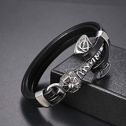 Pulsera Hombre Piel Acero Inoxidable Martillo de Thor Buena Regalo para Hombre Padre Joya Moda Hipoalergénico