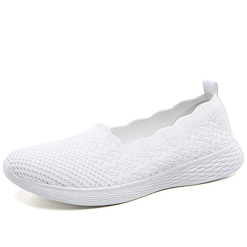 Puxowe Zapatillas Slip On Mujer Comoda Casual Mesh Respirable Ligero Zapatos Sneakers Moda Caminar Tejer Bambas Mocasines 37.5 EU White