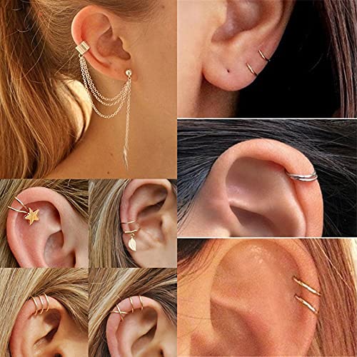 Pybider 38 piezas de orejeras, pendientes de clip, pendientes de cartílago no perforantes, pendientes de clip, pendientes colgantes, joyería con estrella de hoja (oro / plata)