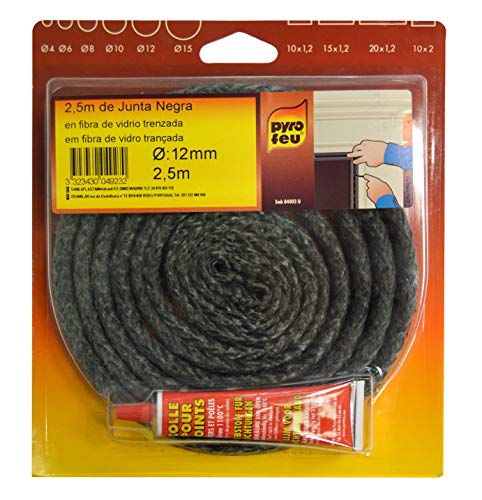 Pyro Feu Junta refractaria 12mm x 2,5m + Tubo Pegamento, Fibra de vídrio, Negra, estandar