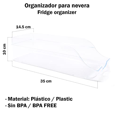 QILZO® Juego de 2 Cajas de almacenaje para Nevera y congelador Organizador de latas para frigorífico 35x14.5x10cm Organizador nevera transparente Envases de plástico para Alimentos Fabricado en España