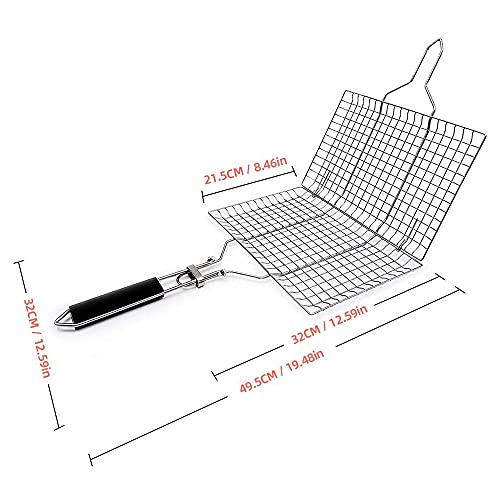 QQRR Cesta para Asar a La Parrilla, Cesta de Parrilla de Rejilla, Cesta para Asar Pescado, con Mango de Madera Desmontable, para Filete de Camarones con Verduras y Pescado(32 * 49.5cm)