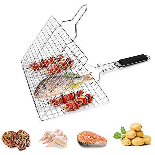 QQRR Cesta para Asar a La Parrilla, Cesta de Parrilla de Rejilla, Cesta para Asar Pescado, con Mango de Madera Desmontable, para Filete de Camarones con Verduras y Pescado(32 * 49.5cm)