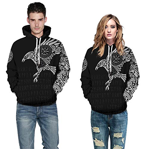 QZY Vintage Odin 3D Asgard Streetwear, Unisex Viking Sudadera Sudadera Cool Impreso Sudadera Personalizada con Grandes Bolsillos, Vestido de Parejas de Navidad,Runeshoodie,XL