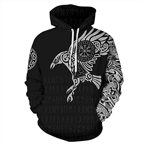 QZY Vintage Odin 3D Asgard Streetwear, Unisex Viking Sudadera Sudadera Cool Impreso Sudadera Personalizada con Grandes Bolsillos, Vestido de Parejas de Navidad,Runeshoodie,XL