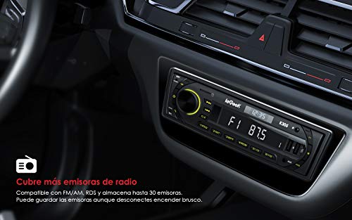 Radio Coche RDS, ieGeek 1DIN Autoradio Bluetooth 5.0 Estéreo, Luz de Botón 7 Colores, 60W X 4 Soporta FM/AM/AUX/MP3/WMA/WAV/USB/SD/Control Remoto, Reloj de visualización, Guardar 30 Emisoras