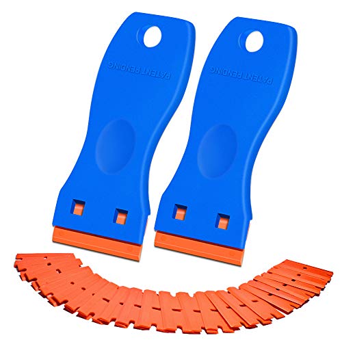 Rasqueta Vitroceramica, Rascador Para Cristal 2pcs Rascador De Vidrio 100 Cuchillas PláStico, Rascador Vitroceramica Para La EliminacióN De Pegamento De Vinilo (Azul)